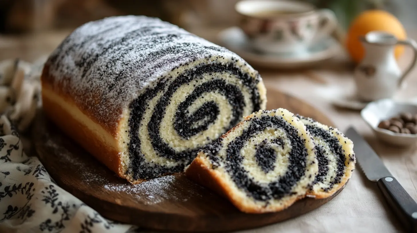 Zdjęcie przestawia ciasto makowca w formie rolady
